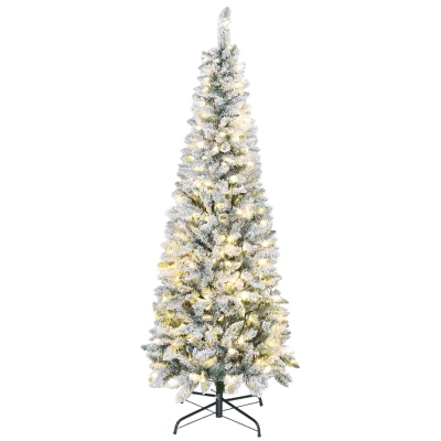 HOMCOM 6ft Flocked Christmas Tree with Dual Colour LED Light, Pencil Hinged Xmas Tree with 11 Light Modes, Easy Assembly