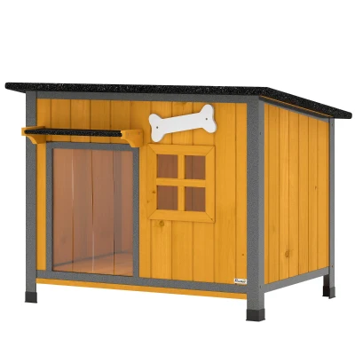 PawHut Outdoor Dog House with Anti-Chewing Steel Frame, Openable Roof, Removable Floor, Door Curtain, Yellow