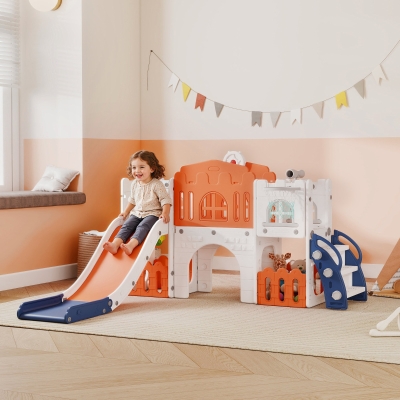 Qaba 7 in 1 Toddler Slide with Basketball Hoop, Climber, Telescope, Tunnel, Steering Wheel, for 1-3 Years, Orange