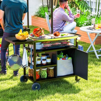 Outsunny Outdoor BBQ Stand with Foldable Side Table, Stainless Steel Top, Pizza Oven Table with Wheels Hooks Shelves