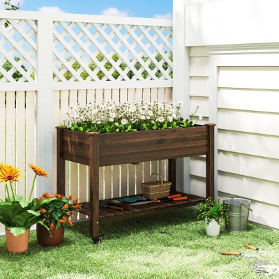 Outsunny Mobile Raised Garden Bed Elevated Wood Planter Box with Lockable Wheels, Storage Shelf for Herbs Vegetables, Carbonized