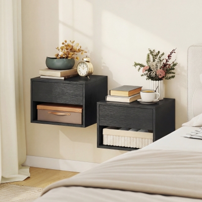 HOMCOM Floating Nightstand Set of 2, Wall Mounted Bedside Table with Drawer for Bedroom Black