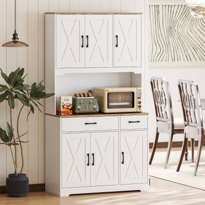 HOMCOM Tall Kitchen Pantry, 6 Doors, 2 Drawers, Adjustable Shelves & Worktop, Rustic Storage Cabinet for Living Room White