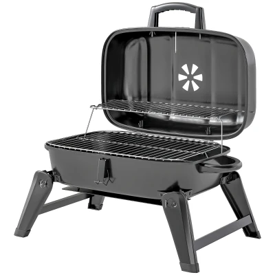 Outsunny Charcoal BBQ Grill, Foldable Barbecue Grill with Warming Rack, Adjustable Vent, Thermometer, Handles, Black