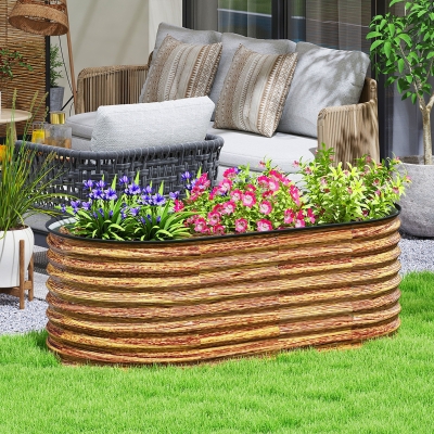 Outsunny 5 x 2.5 x 2 ft Galvanized Raised Garden Bed, Easy DIY Oval Planter Box with Safety Edging and Gloves, Brown Wood Effect