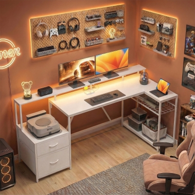 HOMCOM 76" Gaming Desk, Reversible Computer Table with RGB Lights, USB Ports, Monitor Stand and 2 Fabric Drawers, White