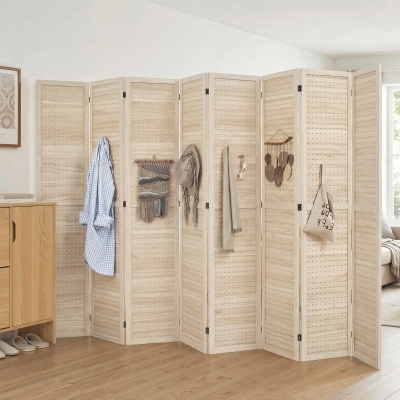 HOMCOM 5.6 Ft. Tall 8-Panel Room Divider, Pegboard Panel Folding Privacy Screen, Partition Wall Divider for Bedroom, Natural