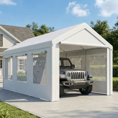 Outsunny 10' x 20' Heavy Duty Carport, Height Adjustable Portable Garage Car Canopy Tent Shelter with Doors, Windows, White