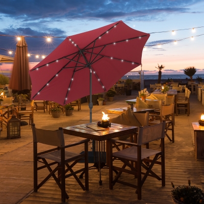 Outsunny 9ft Solar Patio Umbrella Outdoor Sunshade 24 LED Lights Tilt Canopy, Wine Red