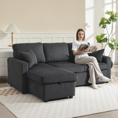 HOMCOM 81" Sofa Bed, 2 In 1 Pull Out Sleeper Sofa Bed with Storage, Corduroy Convertible Couch for Living Room, Dark Grey