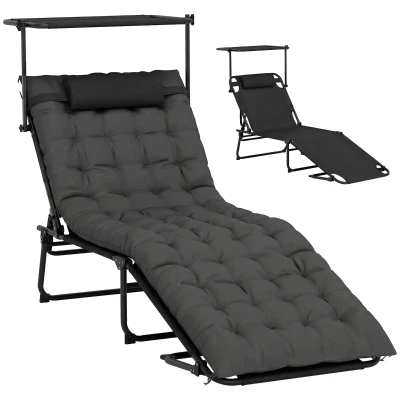 Outsunny Folding Lounge Chair with Adjustable Canopy, 4-Position Outdoor Tanning Chair with Headrest, Dark Grey
