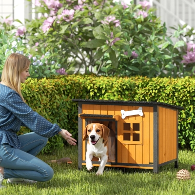 PawHut Outdoor Dog House with Anti-Chewing Steel Frame, Openable Roof, Removable Floor, Door Curtain, Yellow