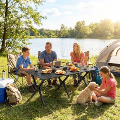 Outsunny 4ft Folding Camping Table, Waterproof Picnic Table with Roll Up Top and Metal Frame, Black