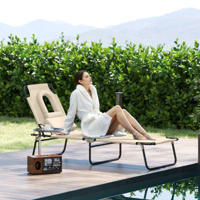 Outsunny Outdoor Lounge Chair, Garden Folding Chaise Lounge w/ Adjustable Backrest, Face Hole and Support Pillow, Beige