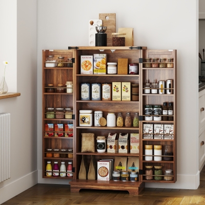 HOMCOM 47" Kitchen Pantry Storage Cabinet, Farmhouse Kitchen Pantry Cabinet with Adjustable Shelves and Door Shelves, Brown