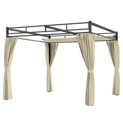 Outsunny 10' x 10' Outdoor Gazebo, Retractable Pergola Canopy with Curtains, UPF30+ Free Standing Metal Pergola Kit, Beige