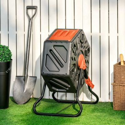 Outsunny Rotating Composter, Compost Bin with 24 Vents and Steel Legs, 17 Gallon, Orange