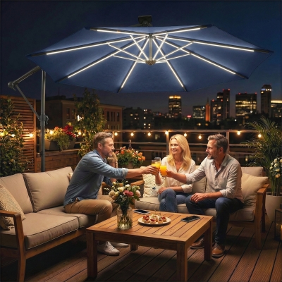 Outsunny 10 ft Offset Patio Umbrella with Solar Light, Garden Hanging Parasol with 360° Rotation, Tilt, Cover, Navy Blue