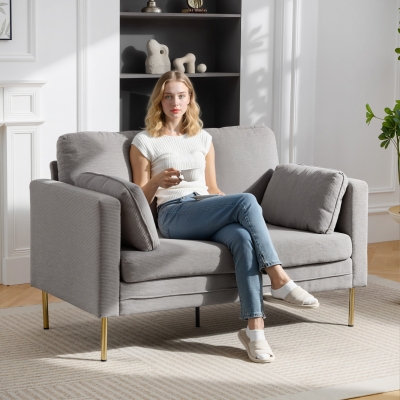 HOMCOM Loveseat Sofa, 55" Small Sofa Couch with 2 Pillows, Metal Legs for Living Room, Bedroom, Apartment, Grey