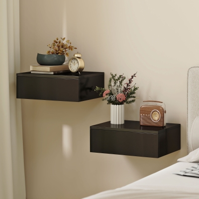 HOMCOM Set of 2 Wall Mounted Bedside Tables, Floating Nightstands with Drawer for Bedroom, Black