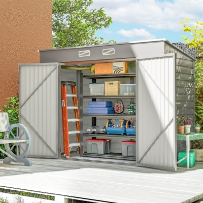 Outsunny 8 x 4FT Galvanized Garden Storage Shed, Metal Outdoor Shed with Double Doors and 2 Vents, Light Grey