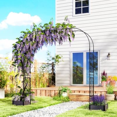 Outsunny Garden Arch Outdoor Trellis Arbor with 2 Planter Boxes, 109.4" x 15.7" x 86.6", Black