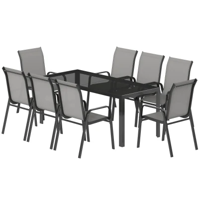 Outsunny 9 Pieces Patio Set with Stackable Chairs, Patio Dining Set with Glass Top for Garden, Patio, Backyard, Light Grey