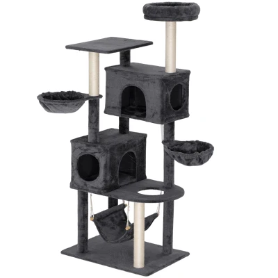 PawHut 66 Inch Large Cat Tree with 2 Door Condos, 3 Big Hammocks, Plush Top Perch, Sisal Scratching Posts, Dark Grey