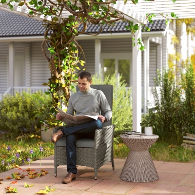 Outsunny Wicker Outdoor Recliner Chair, Wicker Reclining Patio Chair with Adjustable Backrest and Cushion, Grey