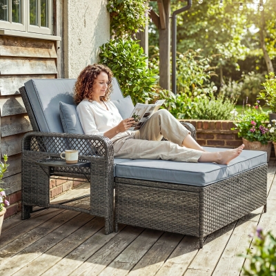 Outsunny 2 Pieces Patio Lounge Chair Set with Cushions, PE Wicker Outdoor Chaise Lounge with Adjustable Backrest, Side Trays