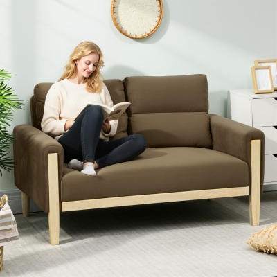 HOMCOM 53" Loveseat Sofa, Small 2 Seater Couch with Solid Wood Legs, Modern Velvet Sofa for Living Room, Small Spaces,Brown