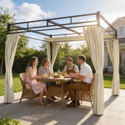 Outsunny 10' x 10' Outdoor Gazebo, Retractable Pergola Canopy with Curtains, UPF30+ Free Standing Metal Pergola Kit, Beige