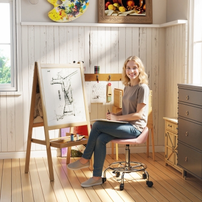 HOMCOM PU Leather Rolling Stool, Height Adjustable Swivel Salon Chair with Backrest and Foot Rest for Spa, Tattoo, Pink