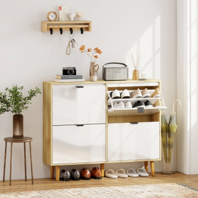 HOMCOM Narrow Shoe Cabinet, High Gloss Shoe Storage Cabinet with 4 Flip Drawers and Adjustable Shelves, Holds 20 Pairs, White