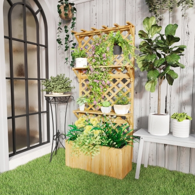 Outsunny Raised Garden Bed, Wooden Planter with Trellis, Hanging Roof, Plant Shelf, Drainage Holes and Bed Liner, Nature Wood
