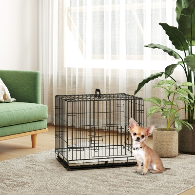 PawHut 24" Dog Crate with 2 Doors, Folding Metal Dog Cage with Soft Cushion, Removable Tray, Handle for Extra Small Dogs, Black