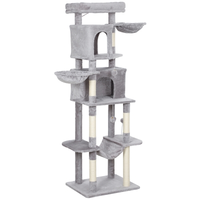 PawHut 69" Cat Tree, Multi-Level Cat Tower with 2 Condos, Plush Perch and Sisal Scratching Posts, Light Grey