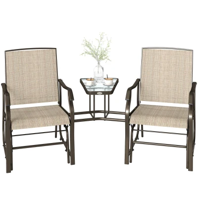 Outsunny Double Patio Glider Chair with Glass Top Center Table, Outdoor Glider Loveseat with High Back,  All Weather Breathable Mesh Fabric for Garden, Backyard, Deck, Light Brown