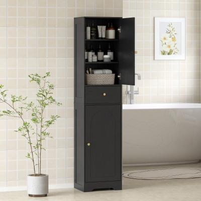 HOMCOM 67" Tall Bathroom Cabinet, Slim Bathroom Storage Cabinet with 2 Doors, Drawer and Adjustable Shelf, Black Wood Grain