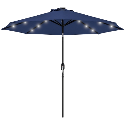 Outsunny 9ft Solar Patio Umbrella Outdoor Sunshade 24 LED Lights Tilt Canopy Navy Blue