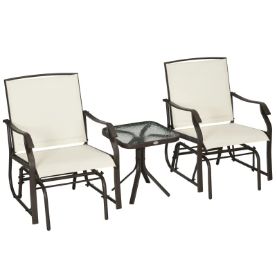 Outsunny 3 Piece Patio Glider Set Outdoor Gliders with Breathable Mesh Seat, Glass Top Table for Garden, Yard, Cream White