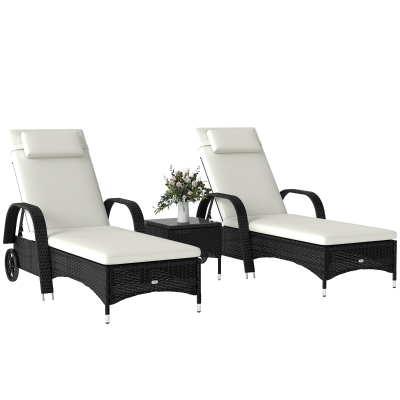 Outsunny Patio Rattan Lounge Set has a Wheeled Wicker Chaise Lounge Chair and A Table with A Tempered Glass Top, White