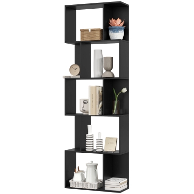 HOMCOM 5-Tier Geometric Bookshelf, S Shaped Bookcase, Modern Freestanding Display Shelf Unit for Home Office, Black