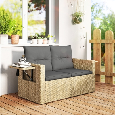 Outsunny Wicker Outdoor Sofa with Side Trays, Rattan Patio Loveseat with Cushions for Garden Balcony, Light Grey