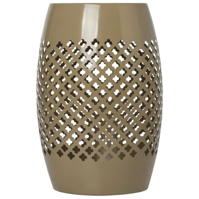 Outsunny 12.4" Steel Patio End Table, Round Hollow Drum Side Table, Accent Table for Indoor and Outdoor, Khaki