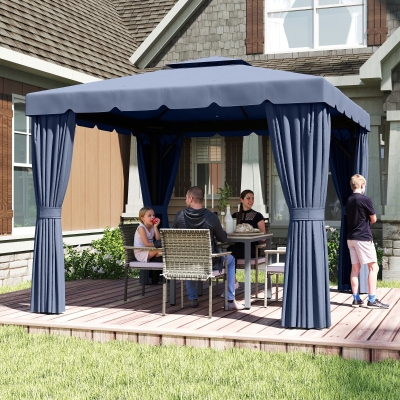 Outsunny 10' x 10' Outdoor Patio Gazebo Double Soft-top Garden Shelter Tent with Curtains, Mesh Screen Drapes, Dark Blue
