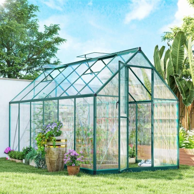 Outsunny 11x6 ft Polycarbonate Walk-In Greenhouse, Swing Door, Dark Green