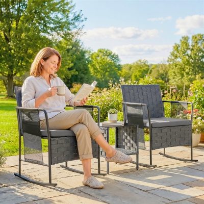 Outsunny 3 Pieces Rocking Bistro Set Outdoor Patio Furniture Set with Side Pockets, Mesh Seat, Cushions, 2-Tier Table, Grey