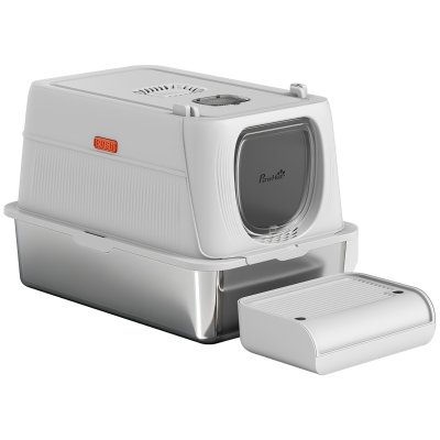 PawHut XL Stainless Steel Cat Litter Box, Kitty Litter Box with Flip Cover, Pedal, Deodorizer, for Big Cats