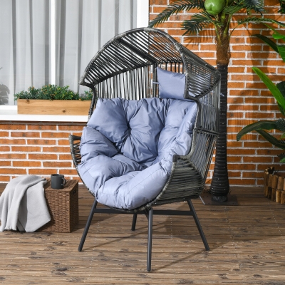 Outsunny Wicker Egg Chair Outdoor Indoor Rattan Oversized Patio Lounge Chair with 5.5" Cushions and Headrest, Grey
